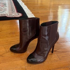 BRIAN ATWOOD Fragola Burgundy Leather Black Patent Cap Toe Ankle Boots